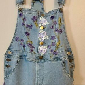 Girl’s  Upcycled Floral Embroidered Denim/Jean Distressed Overalls